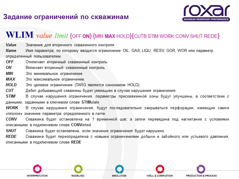 Задание ограничений по скважинам WLIM value limit {OFF ON} {MIN MAX HOLD}{CUTB STIM WORK